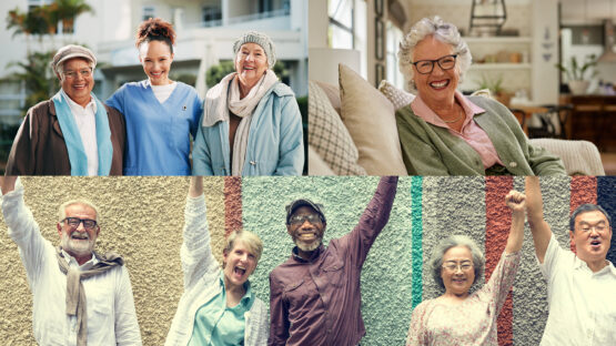 A photo grid featuring cozy living spaces, smiling staff, and engaged residents.