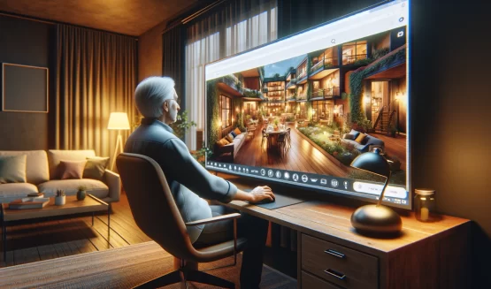 Image shows a person sitting at home, in front of a computer screen, deeply engaged in a virtual tour of a senior living community.