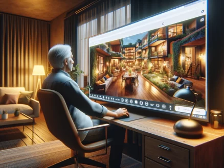 Image shows a person sitting at home, in front of a computer screen, deeply engaged in a virtual tour of a senior living community.