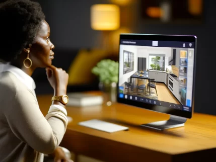 Image shows a black woman sitting at home, in front of a computer screen, deeply engaged in a virtual tour of a new home.