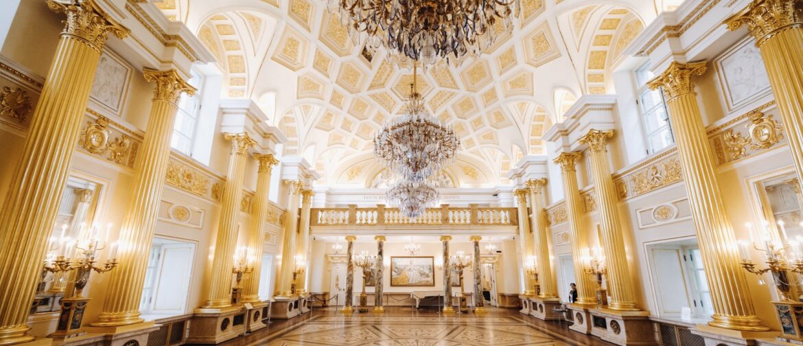 A wide-angle shot of a ballroom with elegant lighting.