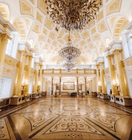 A wide-angle shot of a ballroom with elegant lighting.